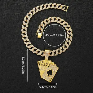 Iced Out 15mm Cuban Chain With Alloy And Bling Rhinestone Hip Hop Playing Cards Pendant Necklace