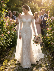 שמלת כלה קיצית <span class=keywords><strong>2026</strong></span> חדשה, בסגנון זנב דג, באורך הרצפה, עם רצועות ספגטי צרפתיות, תחרה קריסטלית, אשליה, פרחים יבשים מהירים - Product Image 1