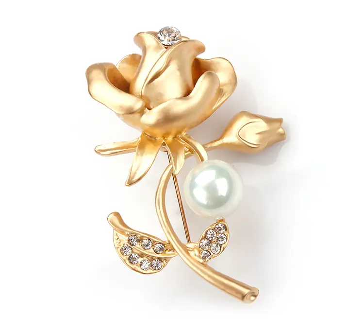 Women Lady Imitation Pearl Rhinestone Crystal Metal Zinc Alloy Fashion Jewelry Gold Rose Flower Jewelry Brooch