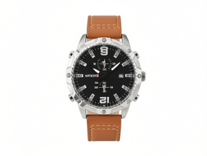 Nvkov Reloj inteligente de moda para hombre, caja de acero inoxidable, correa de cuero, cronógrafo, esfera redonda, esfera negra - Product Image 1