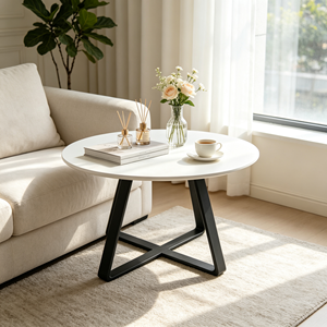 Table basse moderne ronde en pierre frittée, plateau aspect marbre blanc, pieds en métal noir, table centrale pour salon, mobilier d'hôtel - Product Image 5