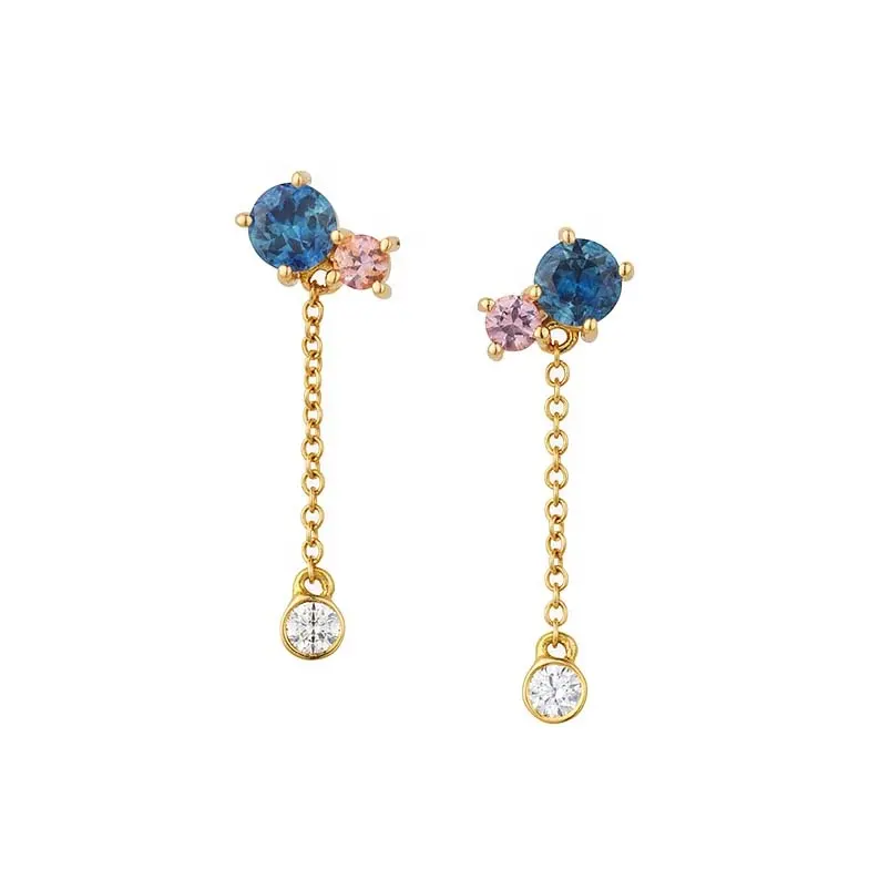 Gemnel simple design 925 sterling silver 18K gold blue and pink sapphire drop link chain earring