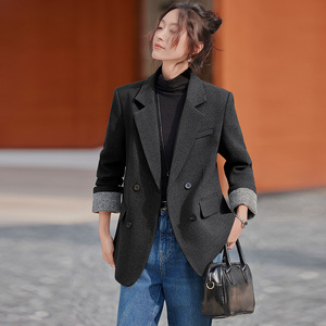 Women's Black Blazer Solid Color Polyester Worsted Anti-Wrinkle Spring Autumn Winter Casual Coat - Product Image 3