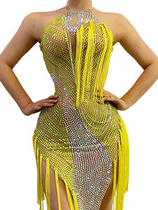 Vestido <span class=keywords><strong>de</strong></span> Fiesta Novance Y2017 para Mujer, Amarillo, con Flecos, Pedrería, Estilo Latino, Transparente, para <span class=keywords><strong>Baile</strong></span> <span class=keywords><strong>de</strong></span> Cumpleaños - Product Image 2