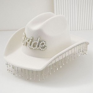 Adult Beads Tassel Cowboy <strong>Cowgirl</strong> <strong>Hat</strong> Letter <strong>Bride</strong> European American Jazz White Felt Fringed <strong>Hat</strong> - Product Image 3