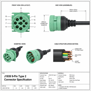 Câble de diagnostic ELD GPS pour camions lourds, connecteur Deutsch 9 broches J1939 Type <span class=keywords><strong>2</strong></span> vert, mâle vers femelle - Product Image 2