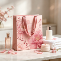 Sacs en papier personnalisés haut de gamme pour produits de beauté avec poignées en ruban, fabrication artisanale de qualité supérieure et sacs de shopping laminés brillants
