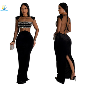 Nouveau design élégant maille <span class=keywords><strong>voir</strong></span> à travers diamant robe de soirée noir à manches longues fête formelle perlée cristal sirène robe de bal - Product Image 1