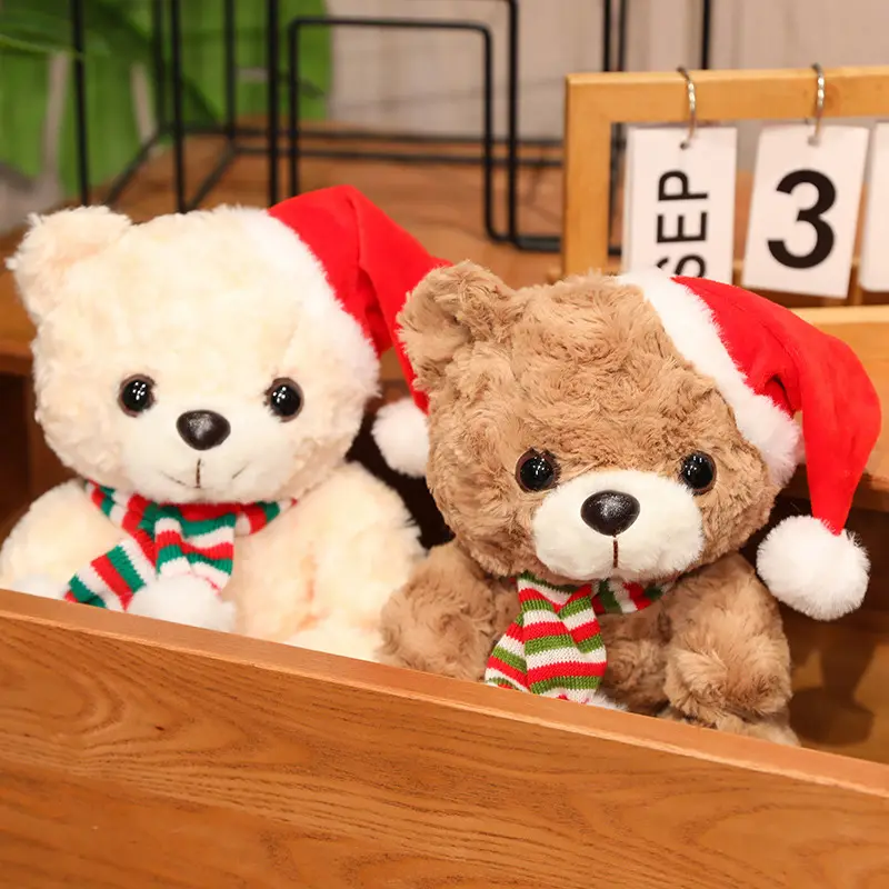 Mainan Natal, boneka beruang Teddy, syal beruang lucu dengan topi, mainan anak-anak lembut untuk hadiah Natal
