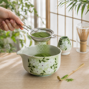 Bulk Hand Painted Green Floral Porcelain Matcha Whisk Kit Scalloped Rim Chawan Chasen Sifter Scoop Holder Japanese Design - Product Image 4