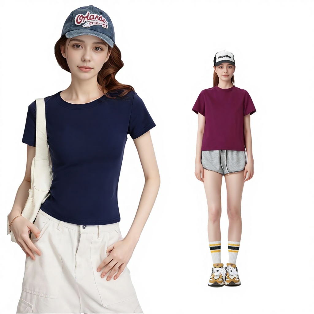 220g Crew Neck Slim Fit Womens Slimming Short Sleeve Solid Color T-Shirt Plus-size Wrinkle-free Cotton Spandex Sexy