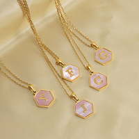 Collar Hexagonal con Iniciales de 26 Letras, Collar Geométrico con Colgantes de Monedas Rosas, Joyería en Capas de Acero Inoxidable