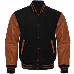 Hot Selling Customize Casual High Quality Stretch Wool Varsity Leather Arms Jacket Solid Button Letterman Bomber Jacket