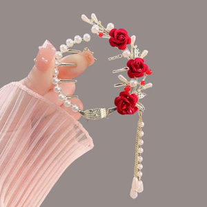 Elegante fermaglio per capelli con perle e nappe a forma di rosa per donne e ragazze, accessorio per feste. - Product Image 6