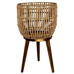 Supporto per Piante in Rattan Intrecciato a Mano con Gambe in Legno, Cesto <span class=keywords><strong>Portafiori</strong></span> in <span class=keywords><strong>Vimini</strong></span> per Interni ed Esterni, Portavaso da Terra per Arredamento Casa - Product Image 1