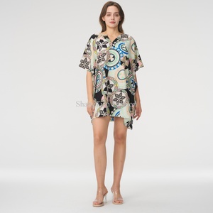 ชุดเดรสฮาวายฤดูร้อนดีไซน์ใหม่คุณภาพสูงสำหรับผู้หญิง แขนสั้นเซ็กซี่ กระชับเอว ลายพิมพ์ชายหาด ชุดมินิเดรสสไตล์ Aloha สำหรับผู้หญิง - Product Image 1