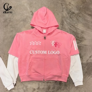 Sweat à capuche zippé décontracté Y2K unisexe en molleton épais rose surdimensionné à manches courtes avec design superposé style streetwear - Product Image 2