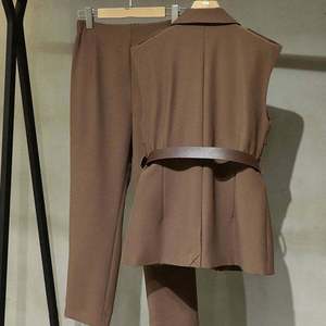 Women’s Elegant Lapel Collar Sleeveless Top with High Waist Straight Leg <b>Pants</b> Set - Product Image 5