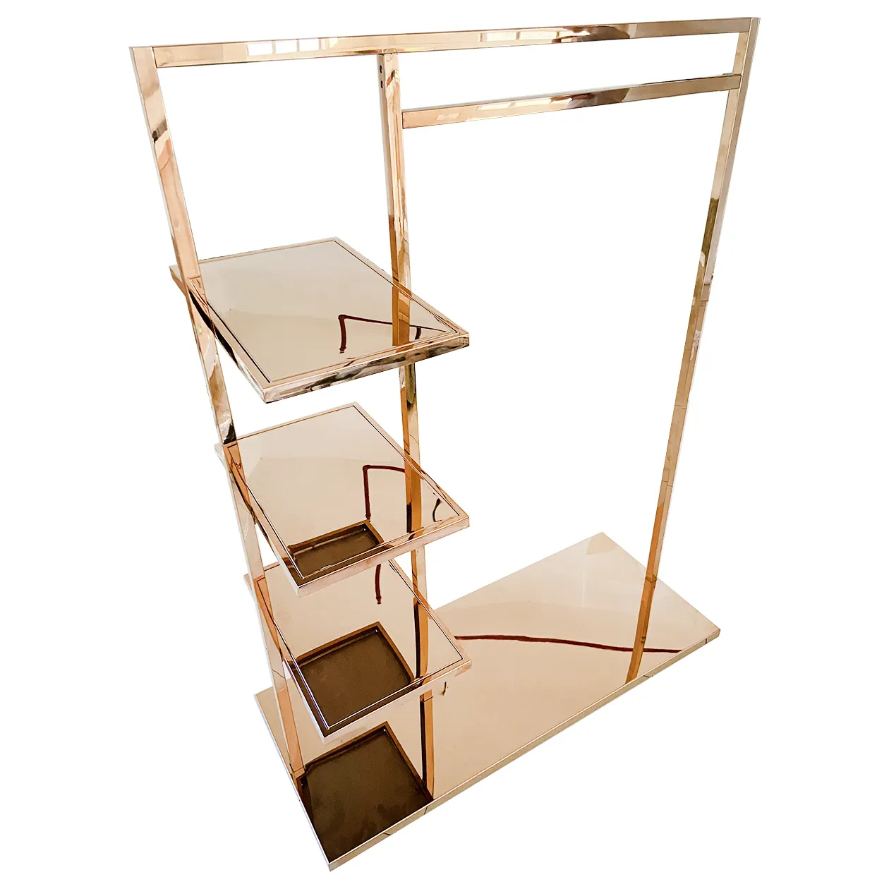 Customized Metal Floor standing Rose Gold Clothing with Wheels Handbag Display Goods Shelves