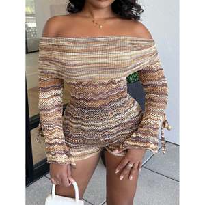 <b>Women's</b> Beige and Brown Striped Off-Shoulder Skinny Knit Party <b>Romper</b> - Product Image 5