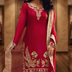 Robe décontractée marron avec kurta brodée, palazzo et dupatta - Product Image 3