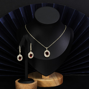 Luxury Vintage <b>Ruby</b> Emerald Jewelry Set Gold Plated CZ Halo Pendant <b>Necklace</b> Dangle Earrings for Women Bridal Party Gift - Product Image 2