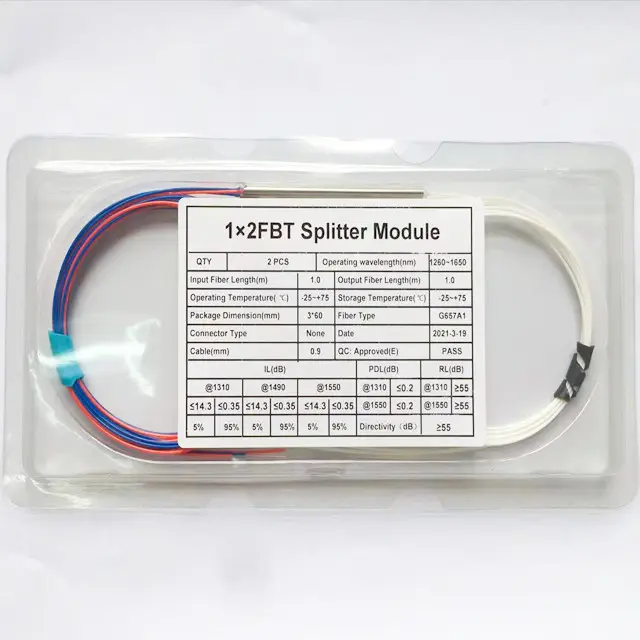 Divisor PLC tipo Mini de tubo sin conector, divisor de fibra óptica, 1260nm-1650nm, 1x2 w/o