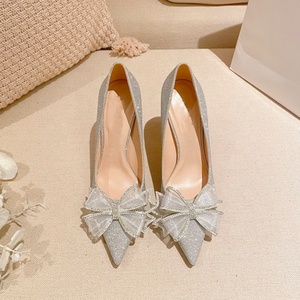 Wholesale Satin Slip-On Summer Point Toe Silver D'Orsay Pumps Bridal <b>Shoes</b> for Women High Heel Bridesmaid - Product Image 5