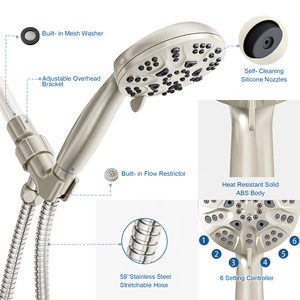 Ensemble de douche à six fonctions avec pommeau de douche brossé, jet pluie, massage, oxygénation, économie d'eau, pommeau de douche rond portable - Product Image 2