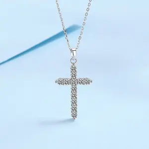 Vrouwen Geschenken Wit Verguld 925 Sterling Zilver Religieuze Kruis Hanger Moissanite Diamanten Ketting Sieraden