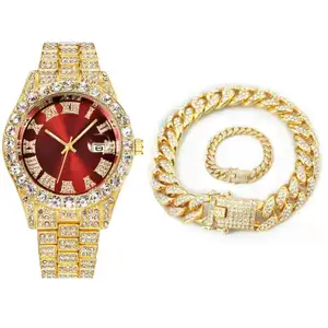 Pulseira com colar e relógio masculino, conjunto completo de relógio para homens, corrente de ligação cubana, gargantilha com joias para homens, corrente de ouro grande, hip hop