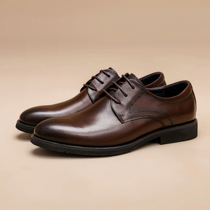 Zapatos de vestir de color liso con cordones y punta puntiaguda de cuero genuino marrón, suela de goma para todas las estaciones, envío directo - Product Image 4