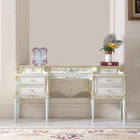 Coiffeuse Rococo de luxe française antique en bois de bouleau massif sculpté avec miroir, design modulaire, bleu clair royal et feuille d'or pour chambre à coucher