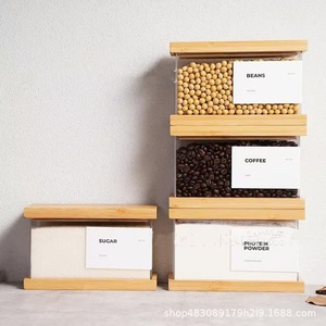Boîte de rangement carrée en bois massif, transparente, hermétique, pour céréales, grains de café, sucre, poudre de protéines, organisation de la cuisine - Product Image 1