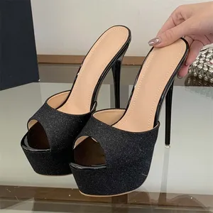 Zapatillas de tacón de aguja con lentejuelas y plataforma para mujer, sandalias de verano con punta abierta, para banquetes, de goma - Product Image 5
