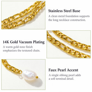 สร้อยคอประดับมุกยาว สแตนเลสสตีล ชุบทอง 14K แบบสุญญากาศ ลายขัดเงา ความยาว 90 ซม. - Product Image 2