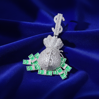 Pendentif Sac d'argent Moissanite VVS Iced Out, Plaqué Rhodium, Symbole Dollar, Style Hip Hop, Effet 3D, Bijoux Streetwear
