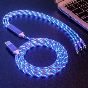 2024 Wholesale Metallic Streamer Data Cables Car Usb Charging Cable 2.4A Fast Charge Cable Three-in-one RGB Charging Line 3 In 1