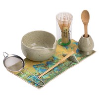 Ensemble de quatre pièces en céramique vert matcha pour cérémonie du thé, design Dynastie Song, style Japandi, écologique et durable, avec bol et cuillère