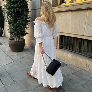 Off Shoulder Eyelet Embroidery Casual Dress Empire Waist Ruffle Hem Loose Summer Maxi Dress - Product Image 2