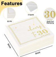 Serviettes de cocktail 3 plis, 50 unités, 30 Years Cheers, en papier blanc avec feuille d'or, en sac, 4 plis, pour anniversaire, OEM direct usine