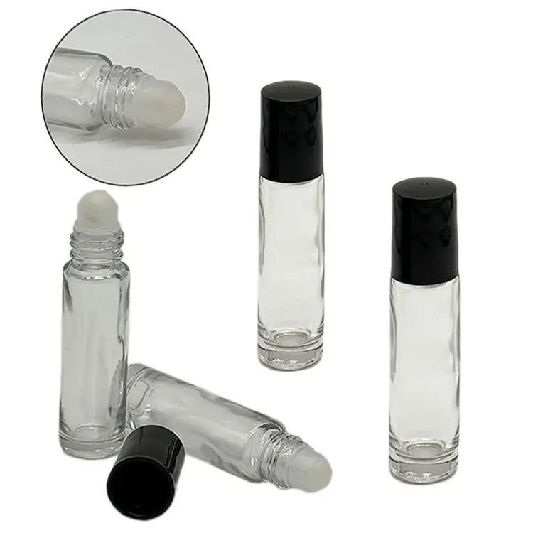 Mini garrafa de rolo de óleo essencial, em estoque, 10 ml, clara, fina, com tampa preta