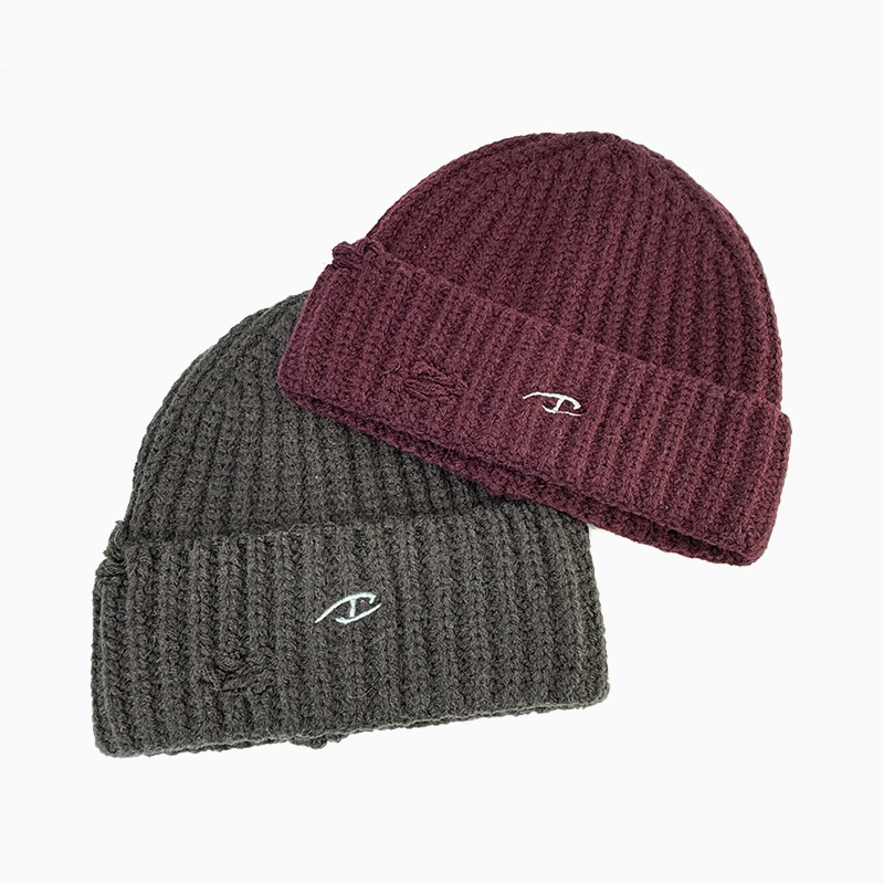 Autumn Winter Thickened Warm Casual Knitted Beanies Men Women Thick Needle D Letter Embroidered Old Hole Custom Winter Hats