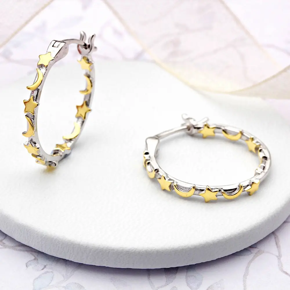 100% 925 Silver Fine Women Jewelry Two Tone Gold Plated Moon Star Hoop Earring