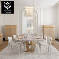 Table à manger en marbre de luxe, table rectangulaire moderne, base en acier inoxydable doré, table à manger en marbre contemporaine sur mesure, design contemporain