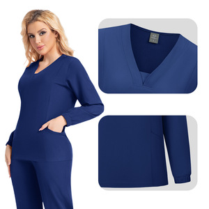 Women's <b>Scrub</b> Set Long Sleeve V Neck Knitted Split Uniform Moisture Wicking Hospital Workwear - Product Image 2