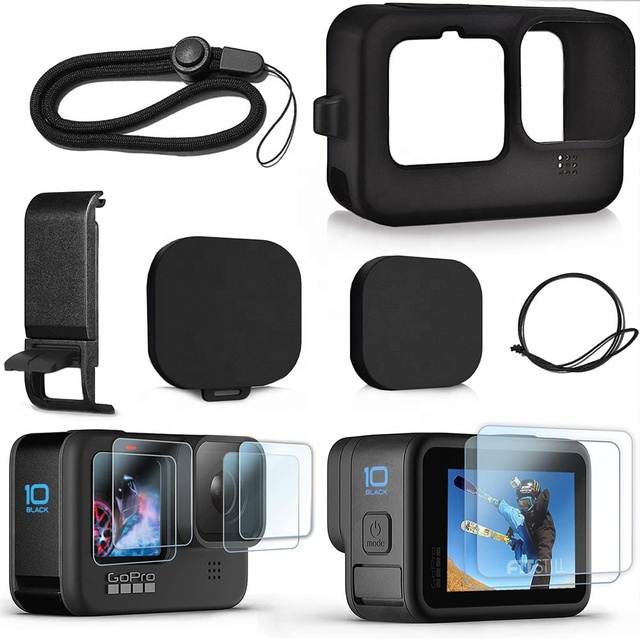 GoPro Hero 12/11/10/9 Silicone Case Kit, Tempered Glass Screen Lens Protector, Battery Cover, Lens Caps, Lanyard