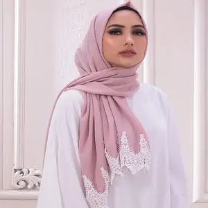 새로운 도매 일반 레이스 꽃 스카프 두꺼운 거품 무거운 쉬폰 hijab 이슬람 여성 목도리