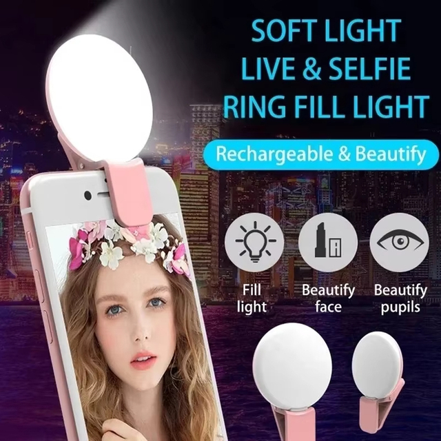 Hot Sale Rechargeable Mini LED Ring Light Selfie Adjustable Brightness Fill Light Lamp Clip ABS Waterproof for Mobile Phone