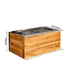 Cubo de compost de cocina de acero inoxidable con tapa plegable, inserto a prueba de óxido para encimera, caja de madera de acacia